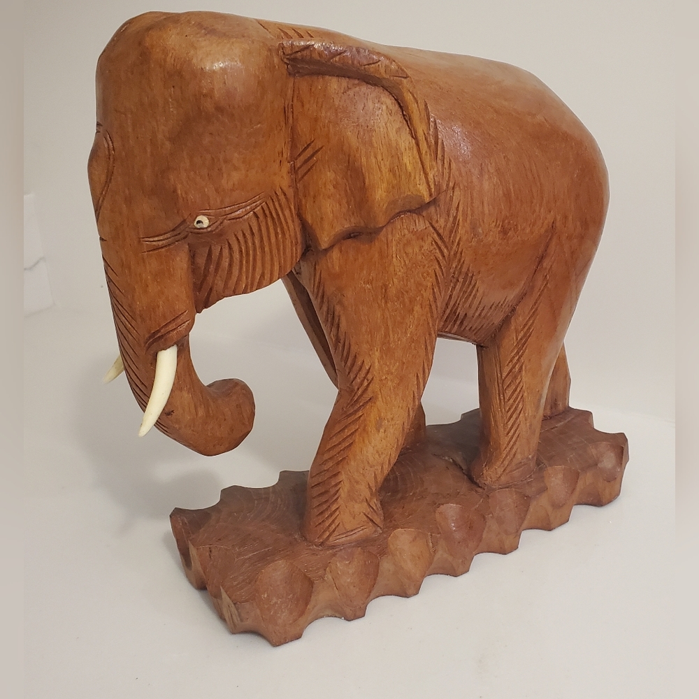 Vintage Large Teak Wooden Elephant With Tusks Hand Carved Solid Wood
